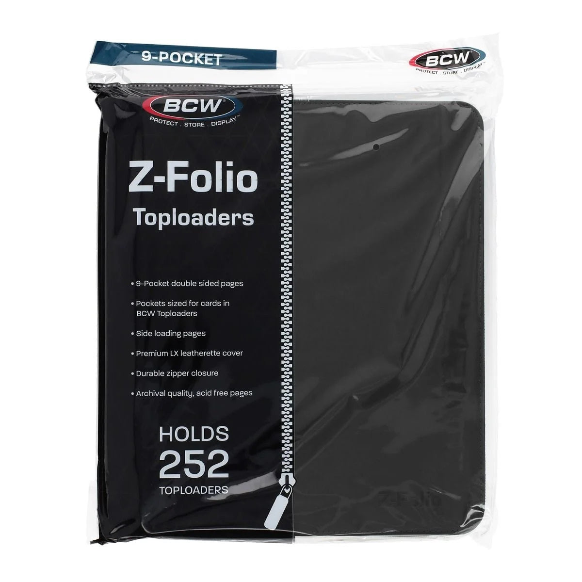 The BCW Z-Folio LX has 9-pocket pages sized to hold 252 toploaders. It works great for sports cards, trading cards, and gaming cards that have been inserted in 3x4, standard-thickness toploaders. The folio has a leatherette cover with stitched edges. A durable zipper ensures that cards will not fall out of your album. Unlike a binder with removable pages, our double-sided, archival-safe, polypropylene pages are welded into the album.