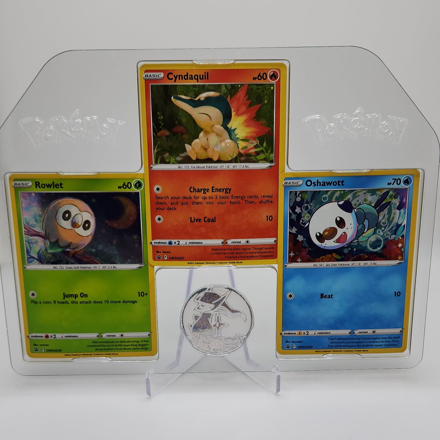 Rowlet, Cyndaquil, Oshawott (SWSH 220/221/222) Promo Set with Coin